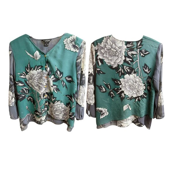 Citron Santa Monica Teal Silk Floral Print Kimono Inspired Blouse - Picture 6 of 8